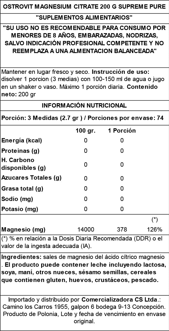 Citrato de magnesio, OstroVit 200 g – Magnesio de Alta Absorción