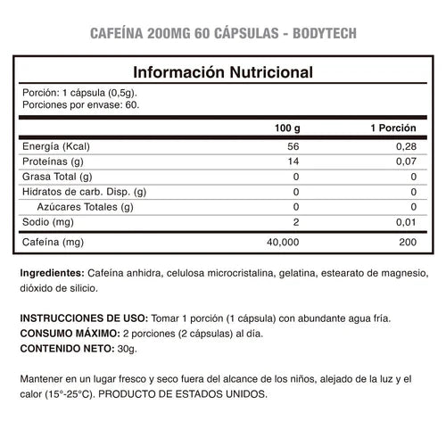 Cafeina 200 mg – Bodytech  60 cápsulas